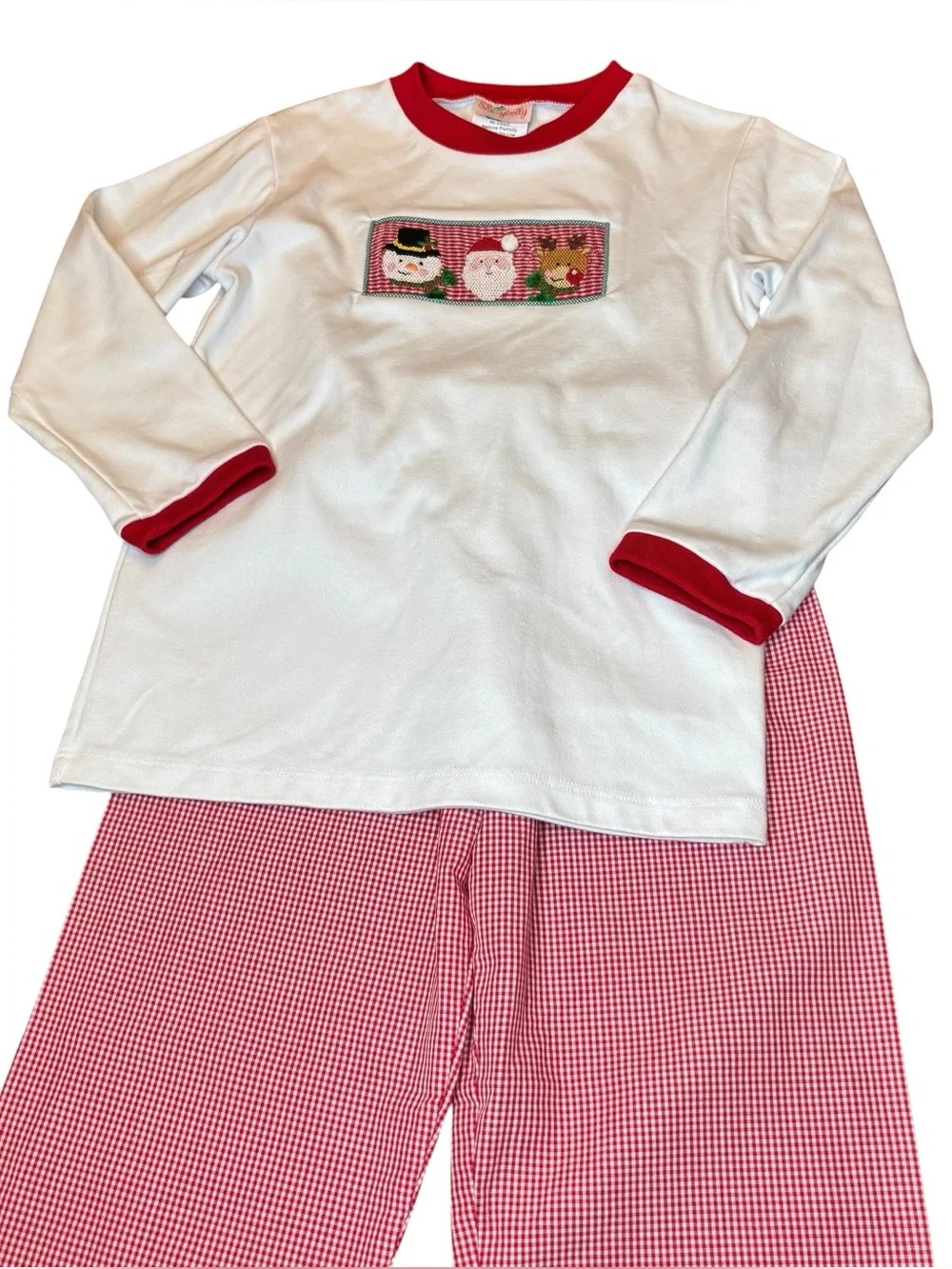 Stellybelly Christmas Shirt Pants Set Boy 5 Santa Rudolph Snowman Red Gingham